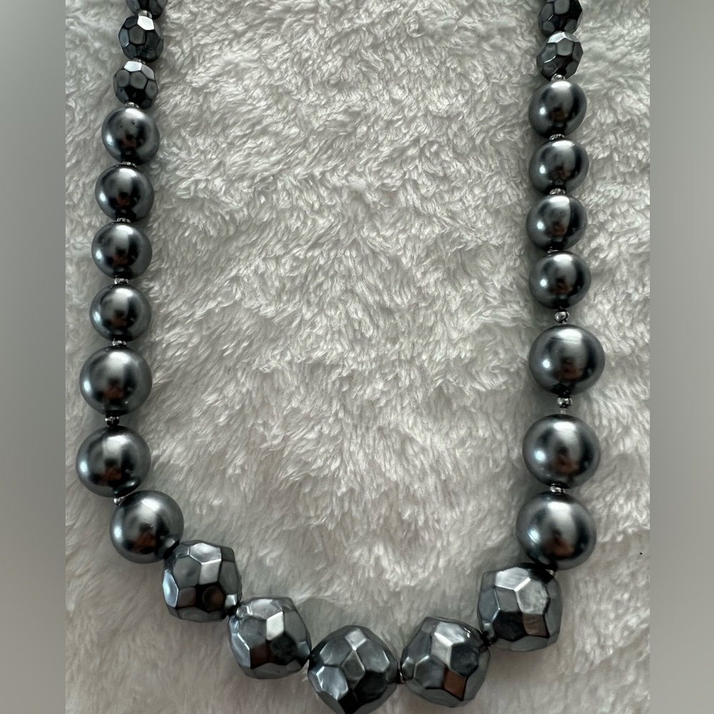 Steel blue beaded necklace with multiple size beads